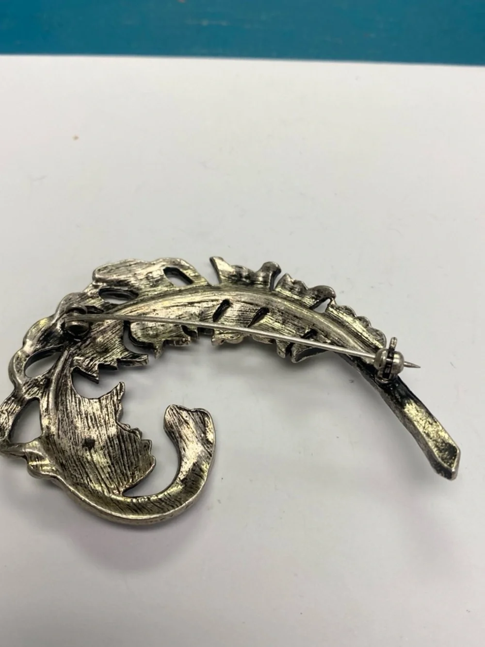 Vintage-Inspired Silver Tone Aurora Borealis Feather Brooch